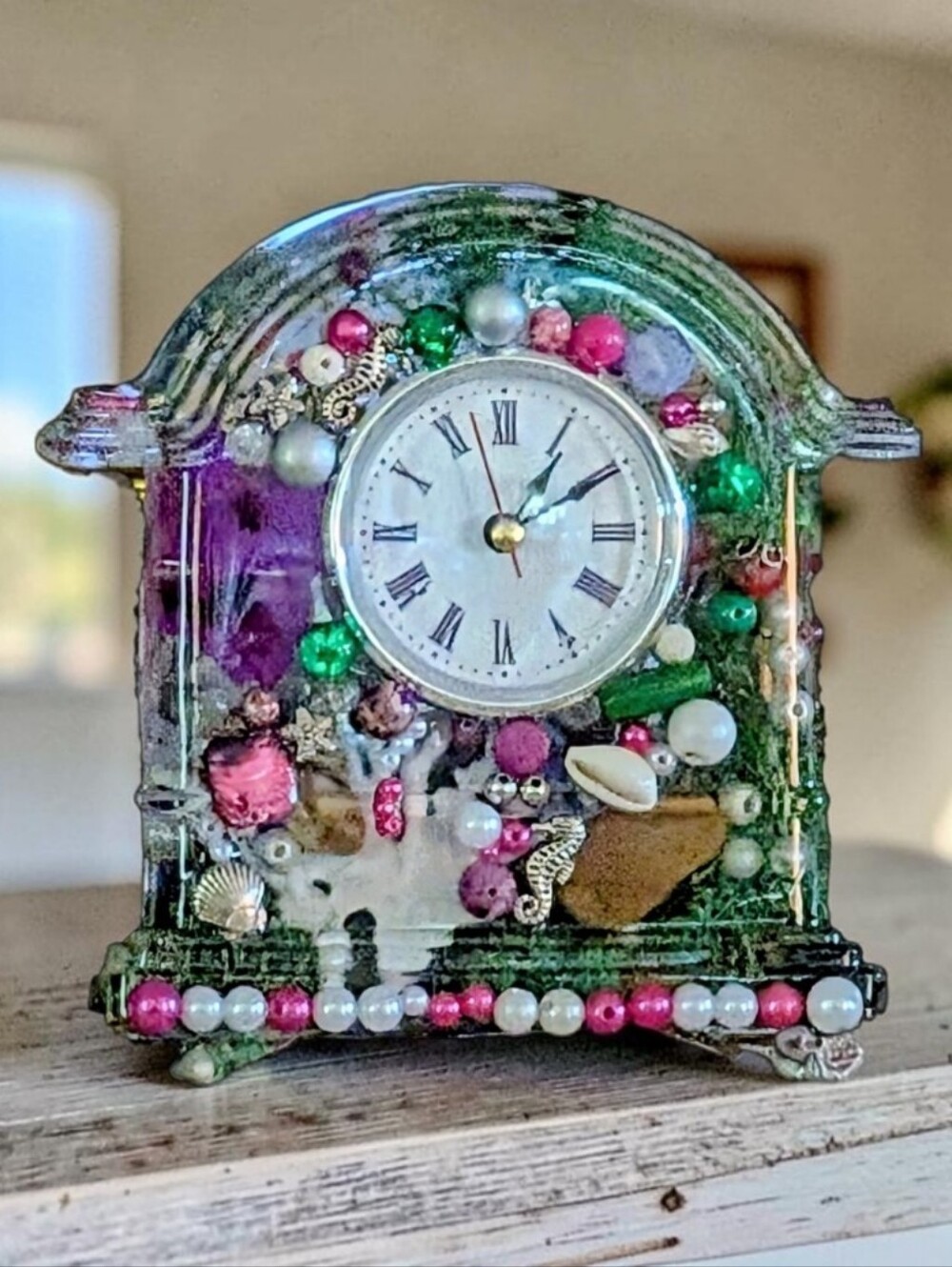 Handcrafted Sea & Beads Decorative Mantel Clock - Pink, Green, Silver Accents